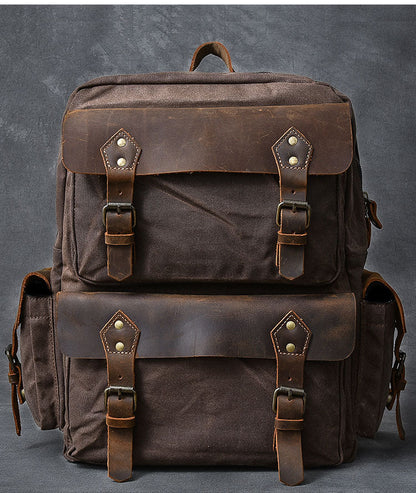 Waxed Canvas Leather Mens 15' Laptop Backpack Army Green Travel Backpack College Backpack for Men