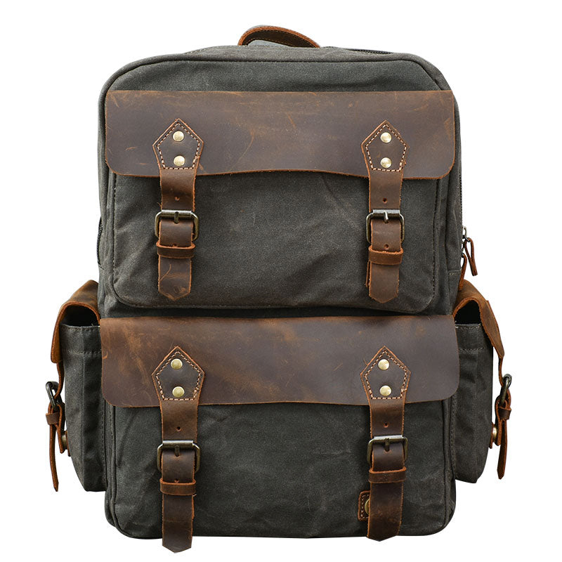 Waxed Canvas Leather Mens 15' Laptop Backpack Army Green Travel Backpack College Backpack for Men