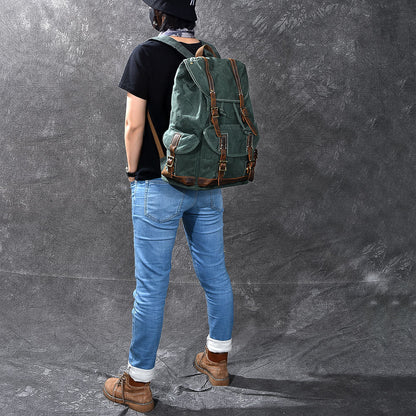 Waxed Canvas Leather Mens Womens 16' Khaki Backpack Green Travel Backpack College Backpack for Men