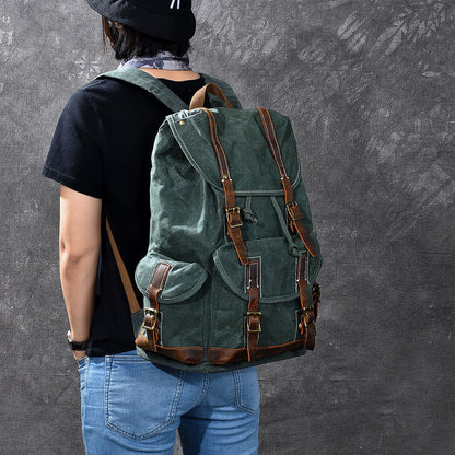 Waxed Canvas Leather Mens Womens 16' Khaki Backpack Green Travel Backpack College Backpack for Men