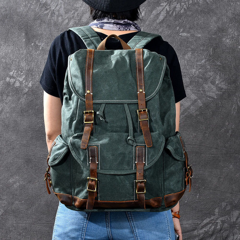 Waxed Canvas Leather Mens Womens 16' Khaki Backpack Green Travel Backpack College Backpack for Men