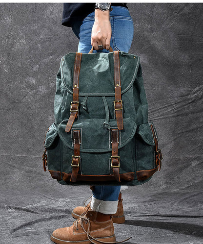 Waxed Canvas Leather Mens Womens 16' Khaki Backpack Green Travel Backpack College Backpack for Men