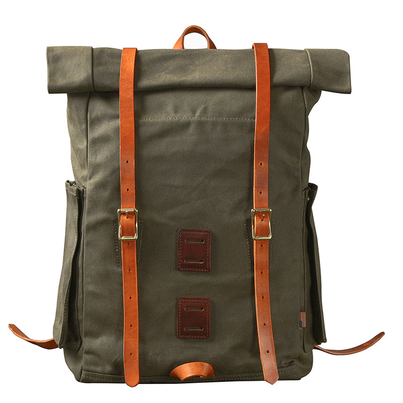 Cool Canvas Leather Mens Womens 16' Army Green Hiking Backpack Travel Backpack College Backpack  for Men