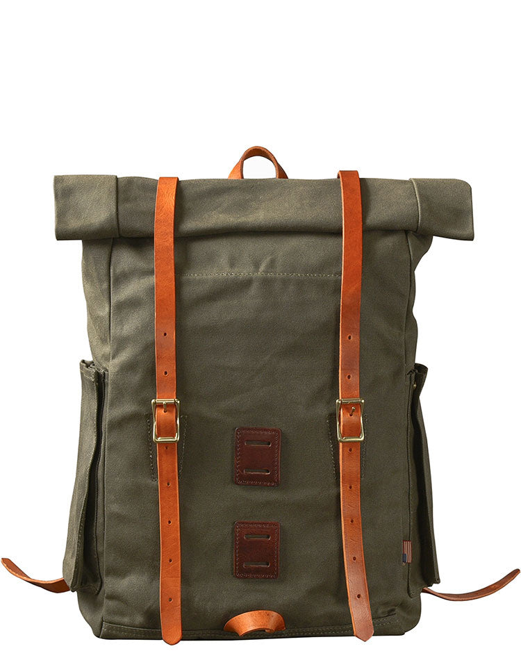 Cool Canvas Leather Mens Womens 16' Army Green Hiking Backpack Travel Backpack College Backpack  for Men