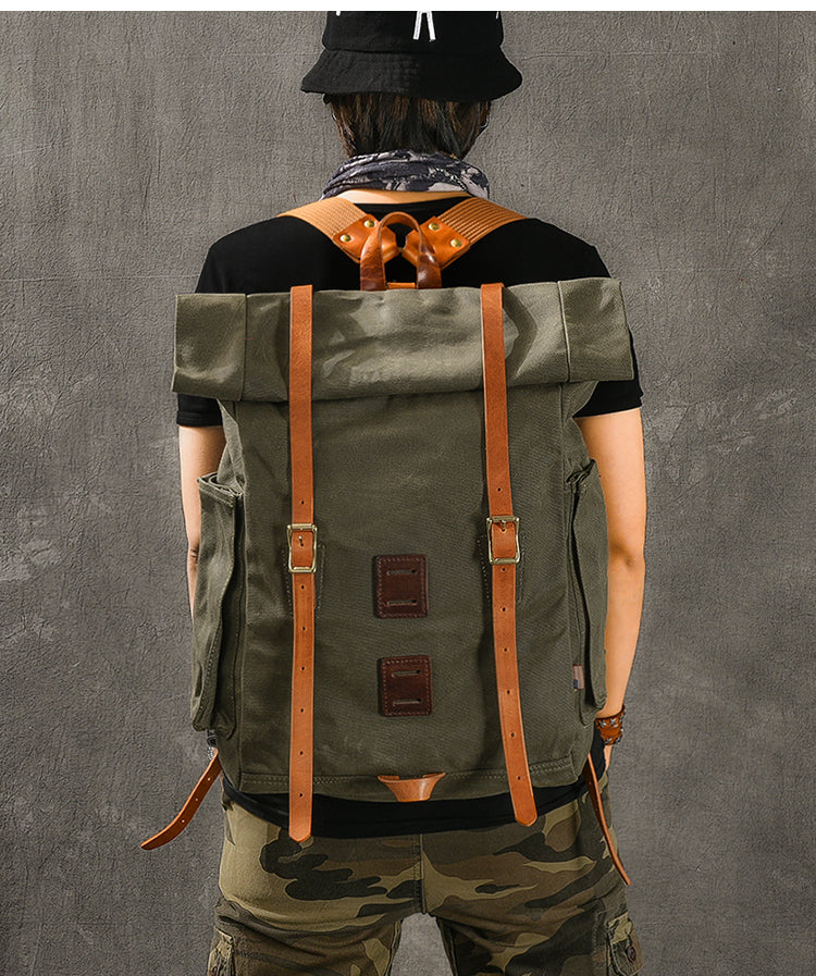 Cool Canvas Leather Mens Womens 16' Army Green Hiking Backpack Travel Backpack College Backpack  for Men