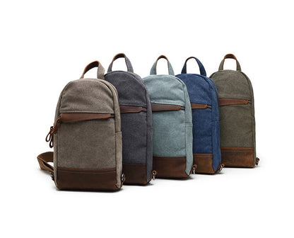 Cool Canvas Leather Mens Sling Bag Chest Bag Gray One Shoulder Backpack for Men