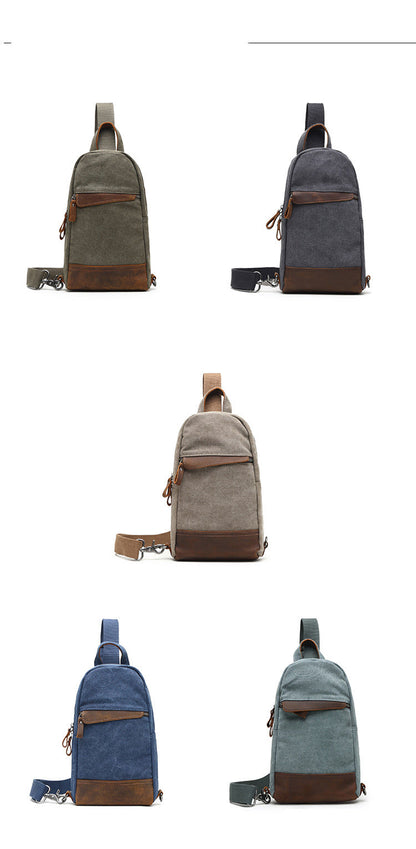 Cool Canvas Leather Mens Sling Bag Chest Bag Gray One Shoulder Backpack for Men