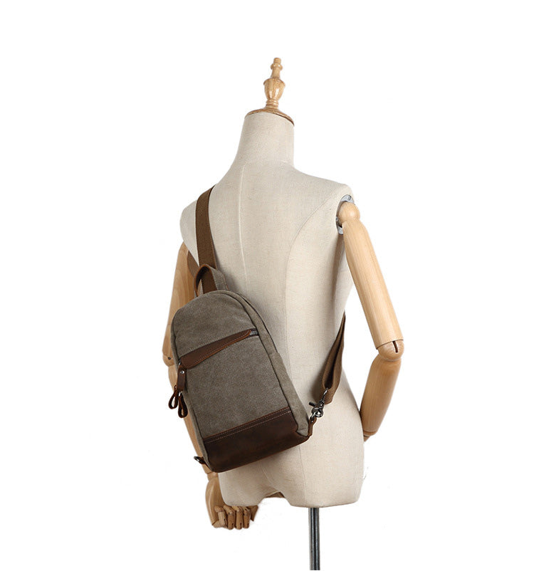 Cool Canvas Leather Mens Sling Bag Chest Bag Gray One Shoulder Backpack for Men