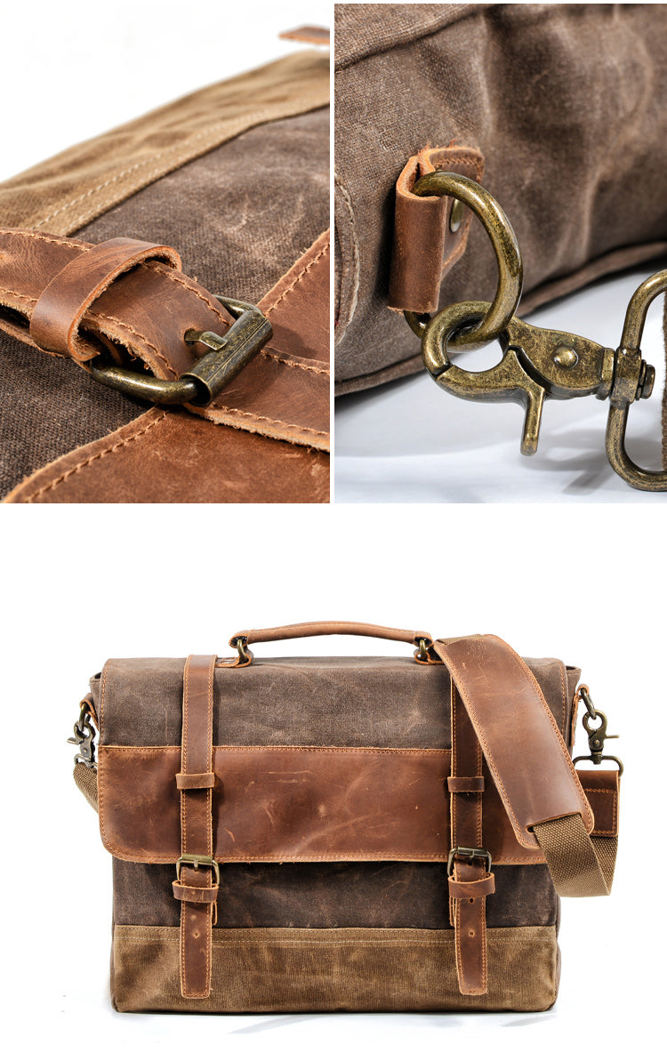 Cool Waxed Canvas Leather Mens 15.6' 15¡®¡¯ Waterproof Travel Side bag Computer Handbag Messenger Bag for Men