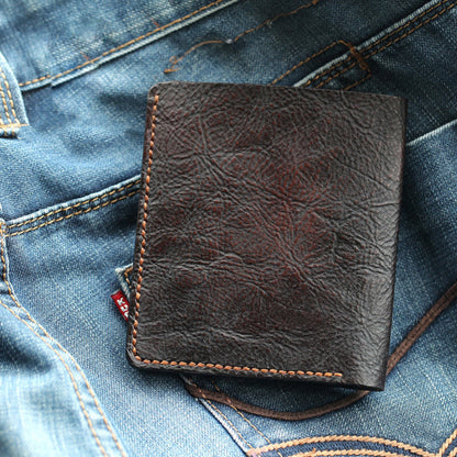 Handmade Dark Coffee Leather Mens Vertical Small Wallet Cool billfold Wallet Bifold Slim Wallet For Men