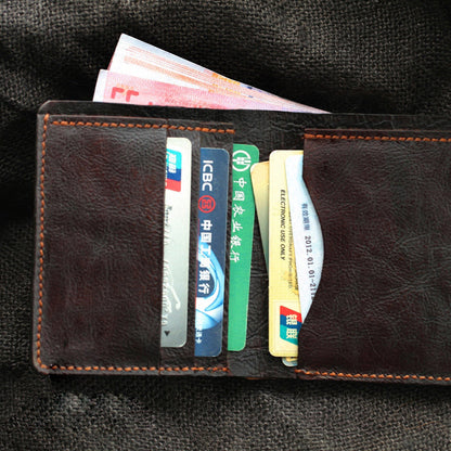 Handmade Dark Coffee Leather Mens Vertical Small Wallet Cool billfold Wallet Bifold Slim Wallet For Men