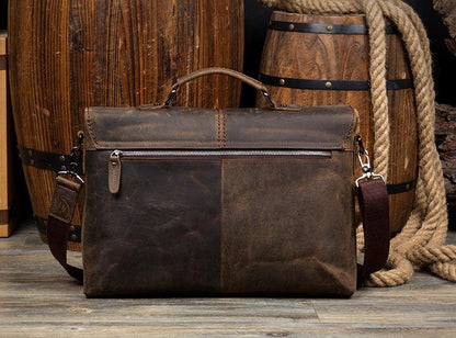 Vintage Dark Brown Leather Mens 15 inches Briefcase Laptop Bag Business Side Bags Work Bag for Men