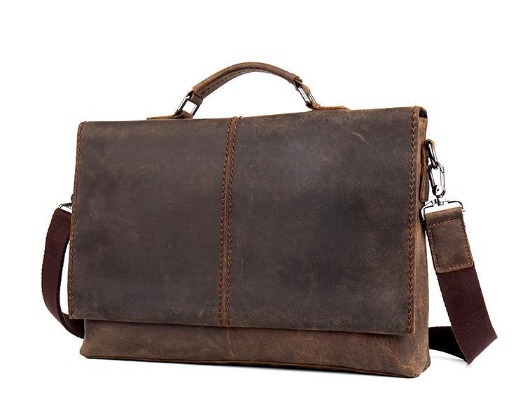 Vintage Dark Brown Leather Mens 15 inches Briefcase Laptop Bag Business Side Bags Work Bag for Men