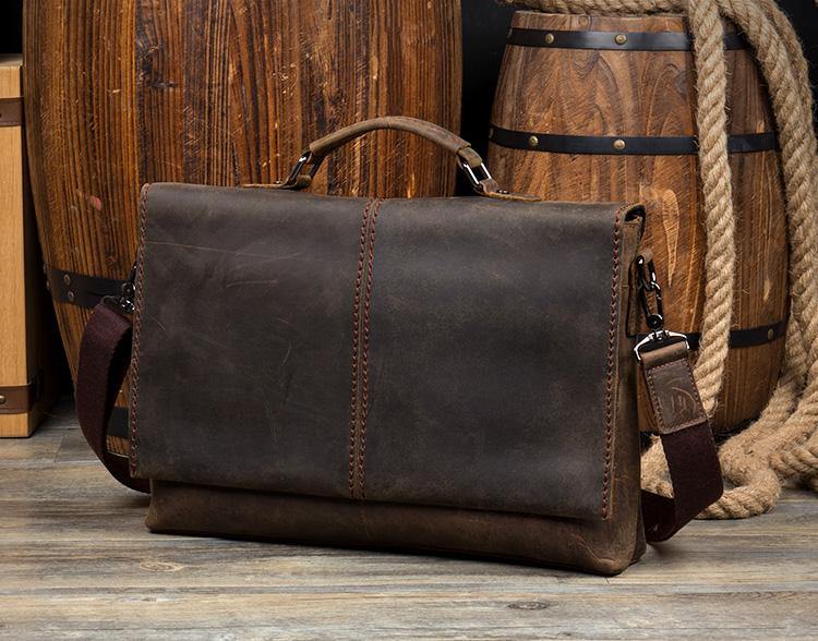 Vintage Dark Brown Leather Mens 15 inches Briefcase Laptop Bag Business Side Bags Work Bag for Men