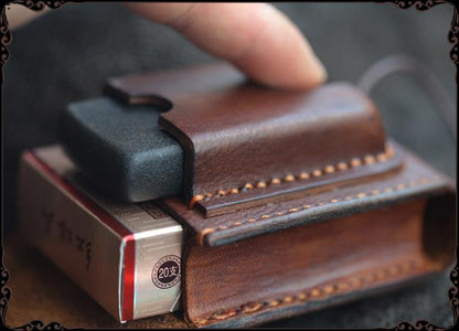 Cool Handmade Brown Leather Mens Zippo Cigarette Case with Lighter Holder Belt Loop for Men