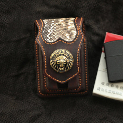 Cool Handmade Indian SKull Leather Mens Cigarette Case with Lighter Holder Belt Loop for Men