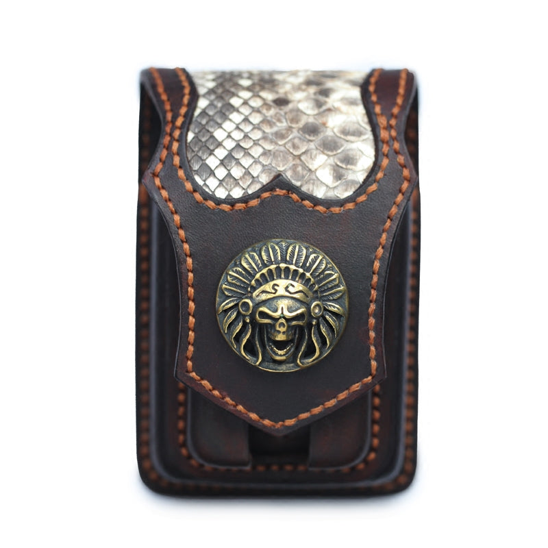 Cool Handmade Indian SKull Leather Mens Cigarette Case with Lighter Holder Belt Loop for Men