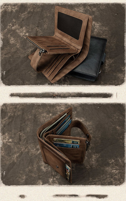 Cool Leather Brown Men's Zipper billfold Small Wallet Bifold Wallet Multi-Card Wallet For Men