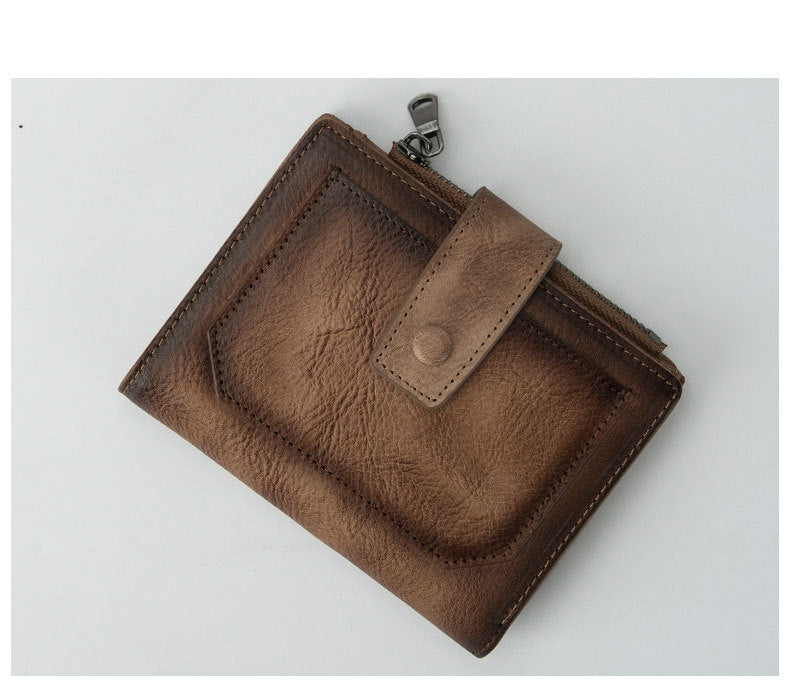 Cool Leather Brown Men's Zipper billfold Small Wallet Bifold Wallet Multi-Card Wallet For Men