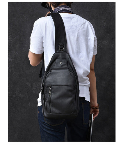 Cool Leather Mens 10' Black Sling Bag Chest Bag One Shoulder Backpack for Men