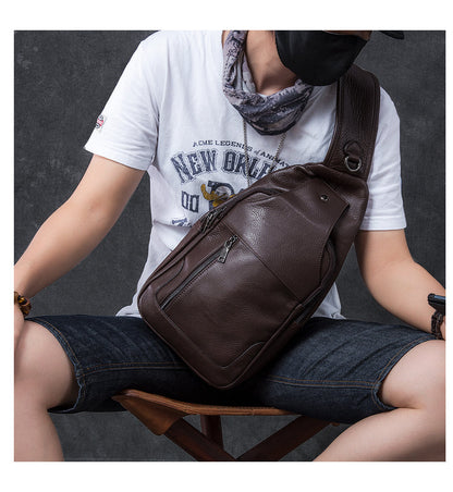 Cool Leather Mens 10' Black Sling Bag Chest Bag One Shoulder Backpack for Men