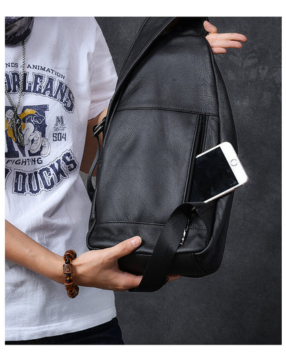 Cool Leather Mens 10' Black Sling Bag Chest Bag One Shoulder Backpack for Men