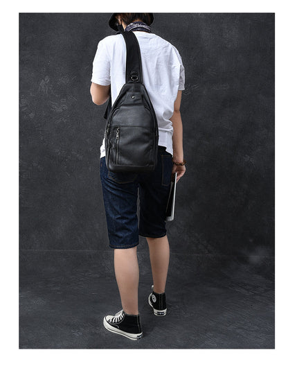 Cool Leather Mens 10' Black Sling Bag Chest Bag One Shoulder Backpack for Men