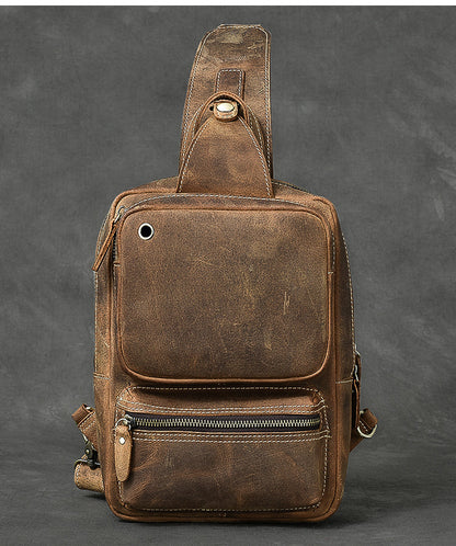 Cool Leather Mens 10' Brown Sling Bag Chest Bag Dark Coffee One Shoulder Backpack for Men