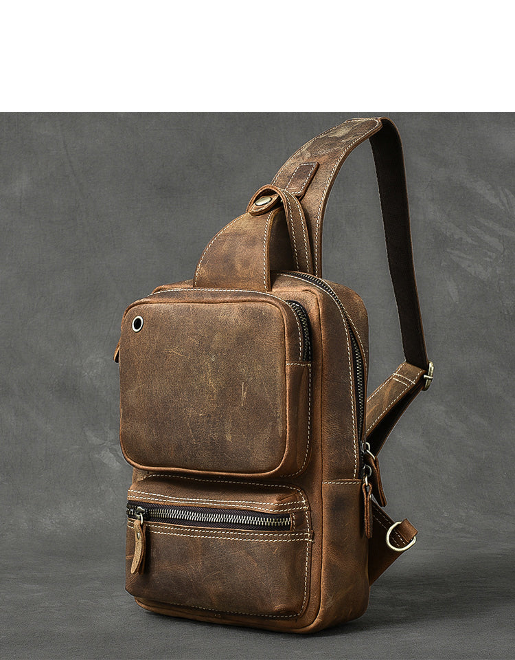 Cool Leather Mens 10' Brown Sling Bag Chest Bag Dark Coffee One Shoulder Backpack for Men