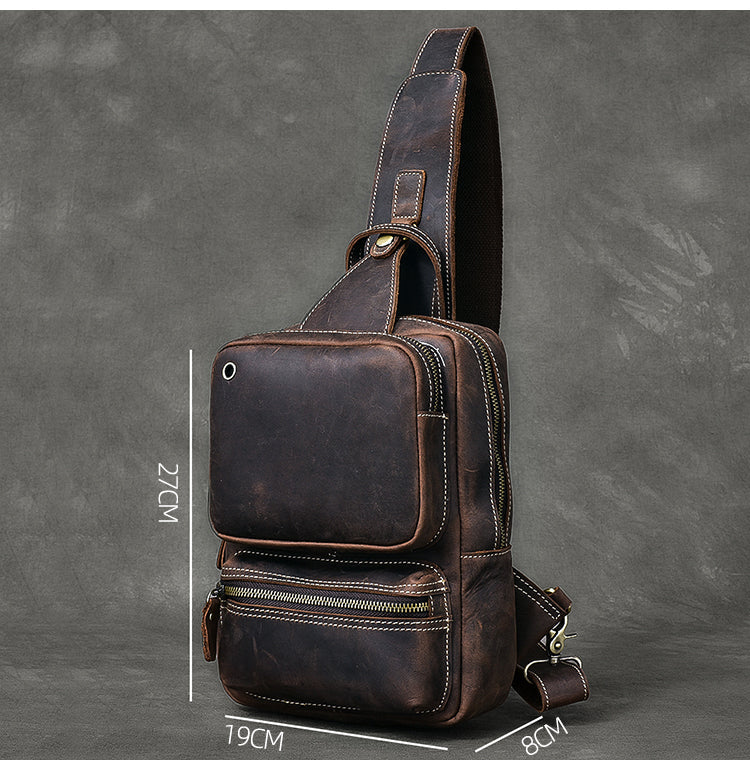 Cool Leather Mens 10' Brown Sling Bag Chest Bag Dark Coffee One Shoulder Backpack for Men