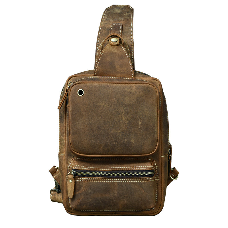 Cool Leather Mens 10' Brown Sling Bag Chest Bag Dark Coffee One Shoulder Backpack for Men