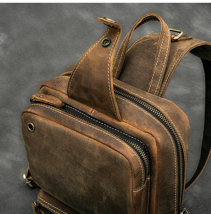 Cool Leather Mens 10' Brown Sling Bag Chest Bag Dark Coffee One Shoulder Backpack for Men