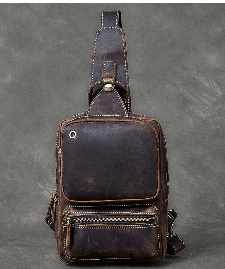 Cool Leather Mens 10' Brown Sling Bag Chest Bag Dark Coffee One Shoulder Backpack for Men