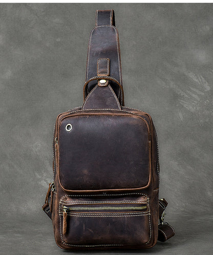 Cool Leather Mens 10' Brown Sling Bag Chest Bag Dark Coffee One Shoulder Backpack for Men