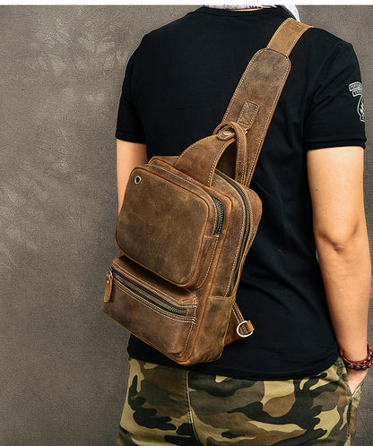 Cool Leather Mens 10' Brown Sling Bag Chest Bag Dark Coffee One Shoulder Backpack for Men