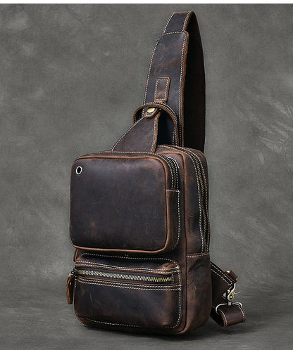 Cool Leather Mens 10' Brown Sling Bag Chest Bag Dark Coffee One Shoulder Backpack for Men