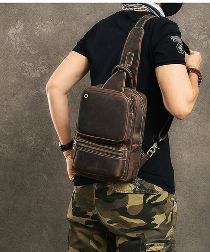 Cool Leather Mens 10' Brown Sling Bag Chest Bag Dark Coffee One Shoulder Backpack for Men