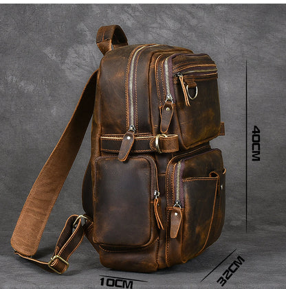 Brown Leather Mens 14' Laptop Hiking Backpack Travel Backpack College Backpack for Men