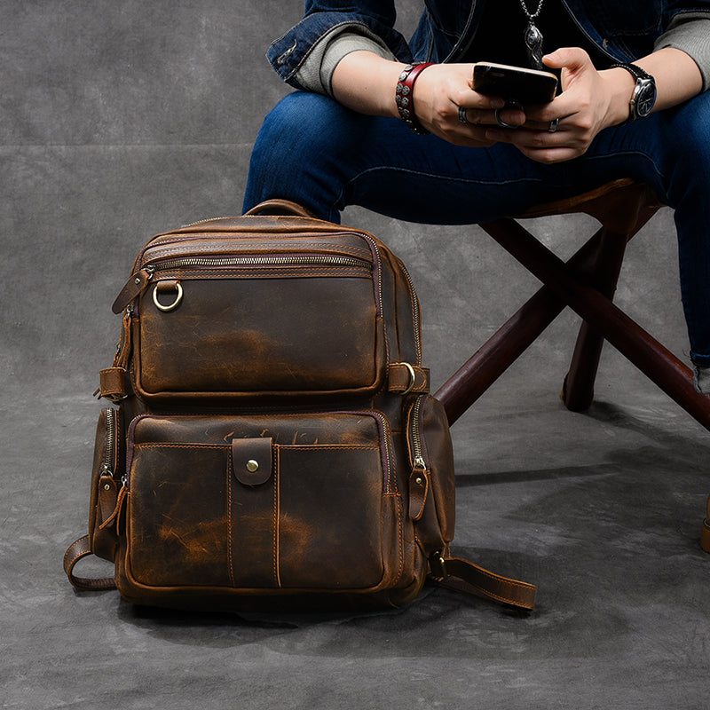 Brown Leather Mens 14' Laptop Hiking Backpack Travel Backpack College Backpack for Men