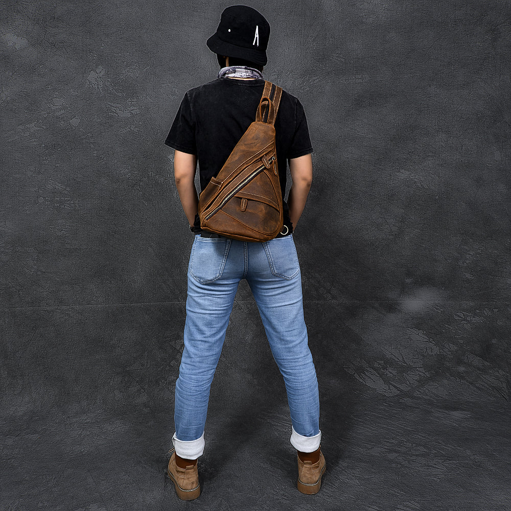 Vintage Leather Mens 16' Backpack Sling Bag Brown Chest Bag One Shoulder Backpack for Men