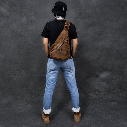 Vintage Leather Mens 16' Backpack Sling Bag Brown Chest Bag One Shoulder Backpack for Men