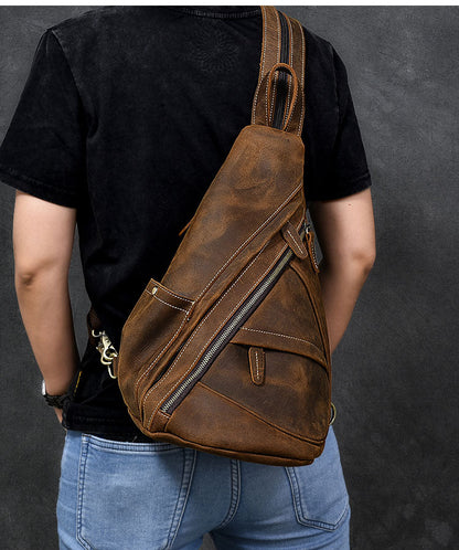 Vintage Leather Mens 16' Backpack Sling Bag Brown Chest Bag One Shoulder Backpack for Men