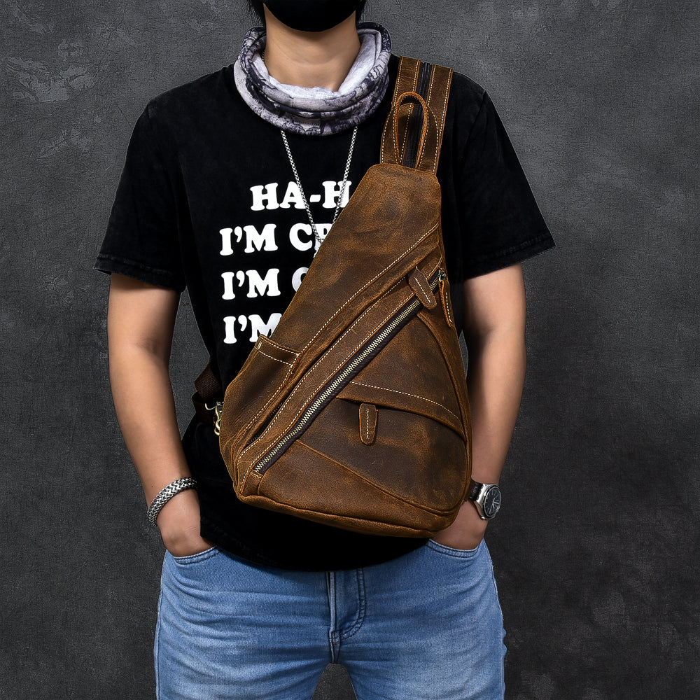 Vintage Leather Mens 16' Backpack Sling Bag Brown Chest Bag One Shoulder Backpack for Men