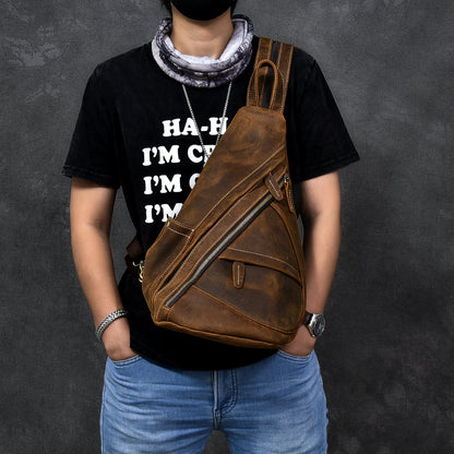 Vintage Leather Mens 16' Backpack Sling Bag Brown Chest Bag One Shoulder Backpack for Men