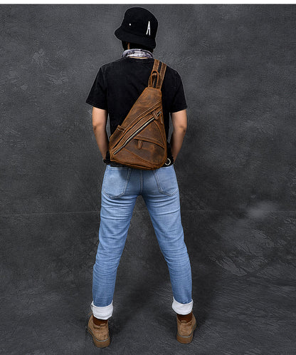 Vintage Leather Mens 16' Backpack Sling Bag Brown Chest Bag One Shoulder Backpack for Men