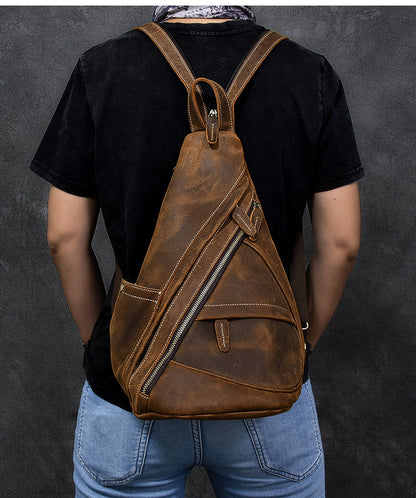 Vintage Leather Mens 16' Backpack Sling Bag Brown Chest Bag One Shoulder Backpack for Men