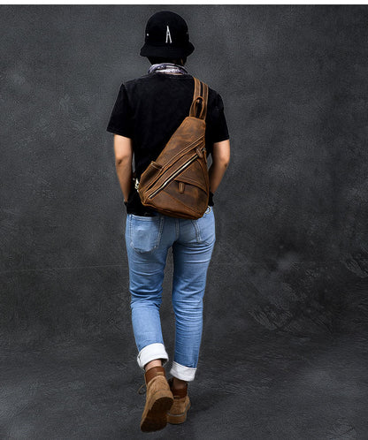 Vintage Leather Mens 16' Backpack Sling Bag Brown Chest Bag One Shoulder Backpack for Men