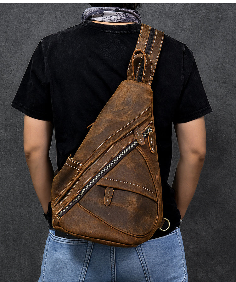 Vintage Leather Mens 16' Backpack Sling Bag Brown Chest Bag One Shoulder Backpack for Men