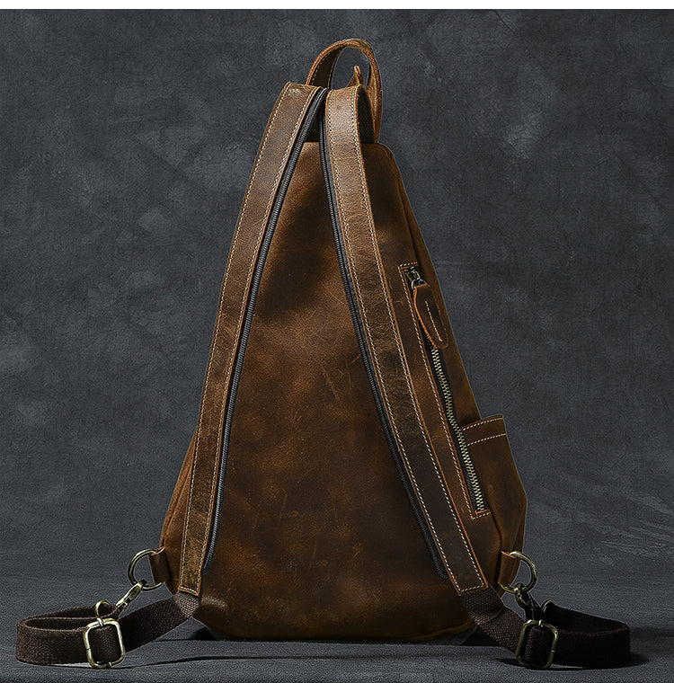 Vintage Leather Mens 16' Backpack Sling Bag Brown Chest Bag One Shoulder Backpack for Men