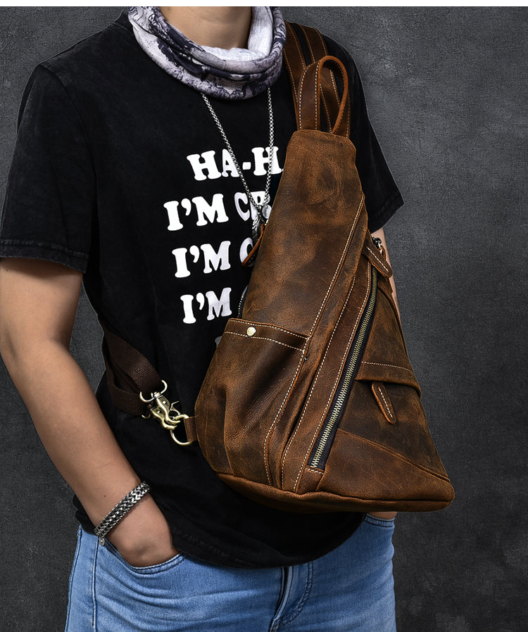 Vintage Leather Mens 16' Backpack Sling Bag Brown Chest Bag One Shoulder Backpack for Men